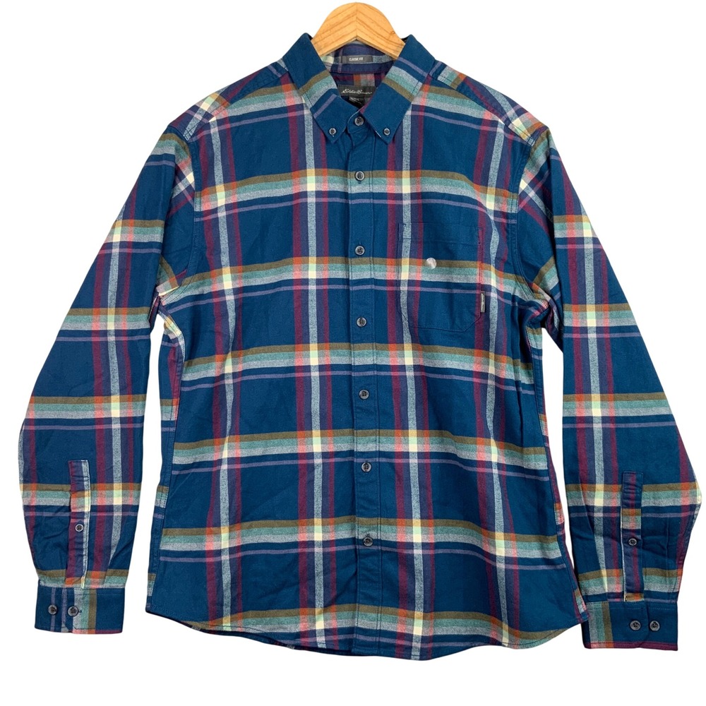 Eddie Bauer Mens Flannel Shirt Blue Plaid Long Sleeve Classic‎ Fit Size L